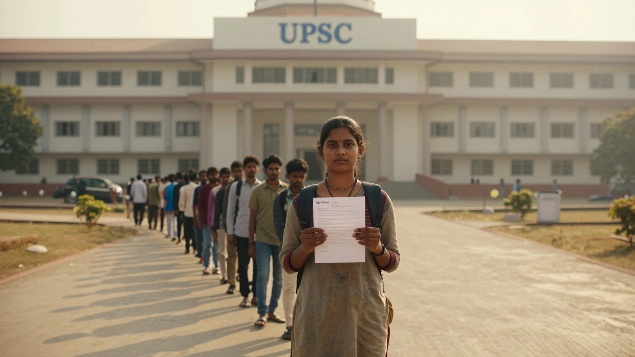 A young woman from a rural village holding her selection letter outside a government building.