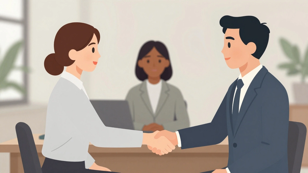 Diverse candidate and interviewer shaking hands during job interview