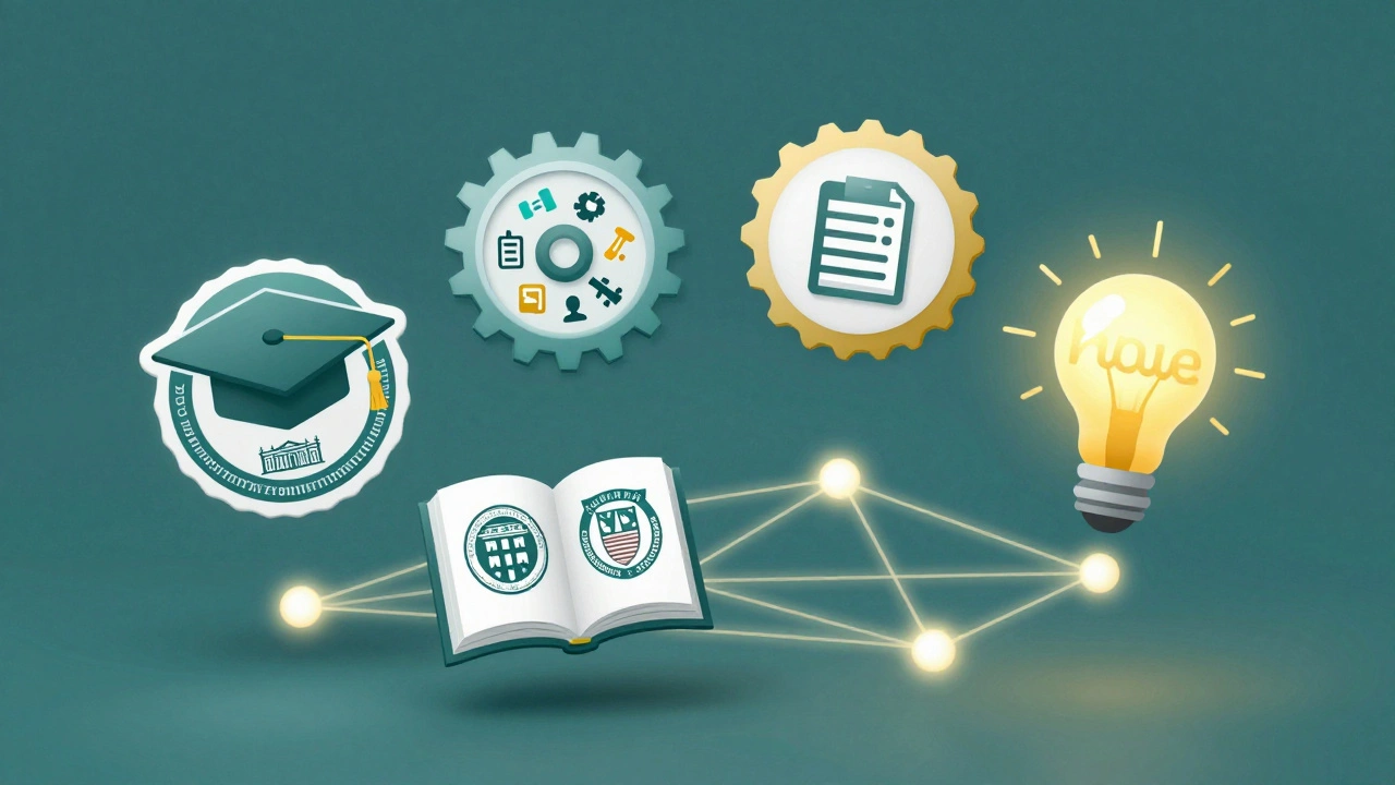 Four digital badges representing Coursera, Udemy, edX, and Khan Academy floating in a network of learner connections.