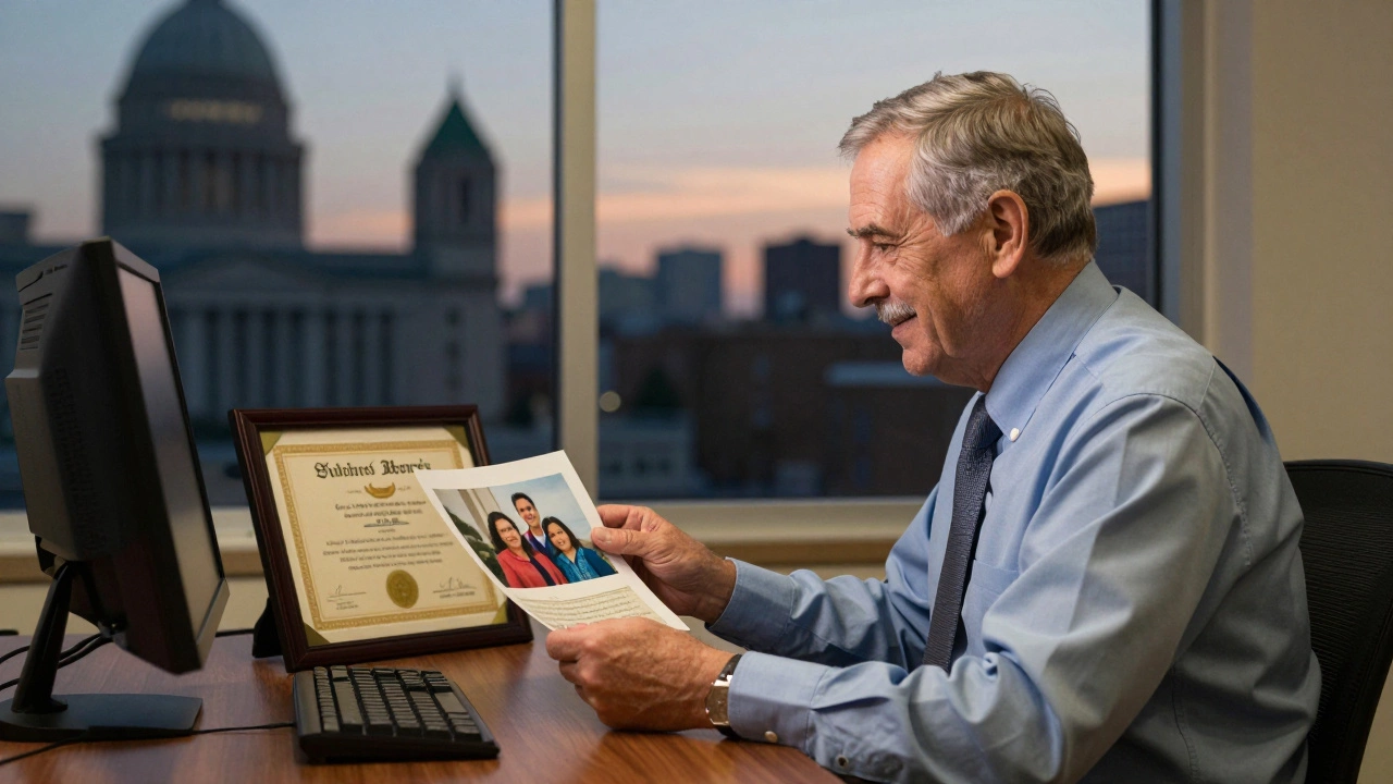 Older government worker smiling at a family photo beside a service certificate at dusk