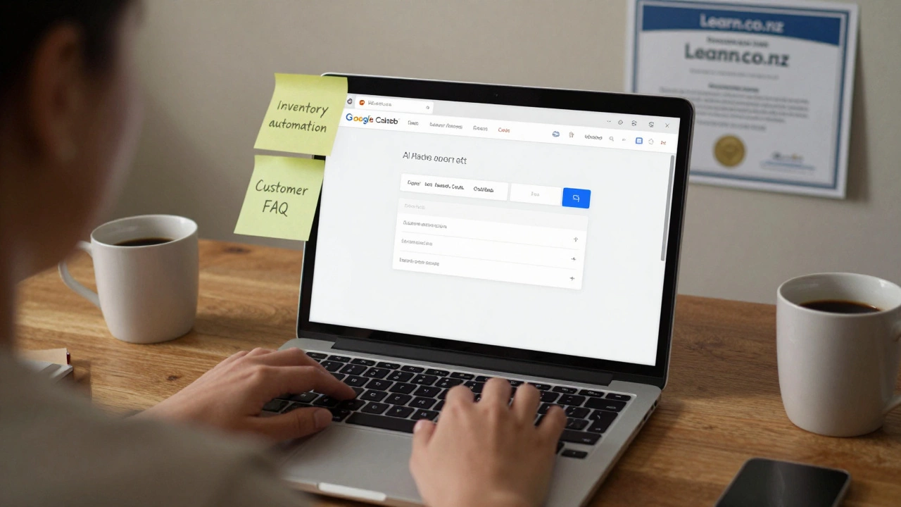 Woman building a simple AI chatbot on her laptop in a home office with certification visible.