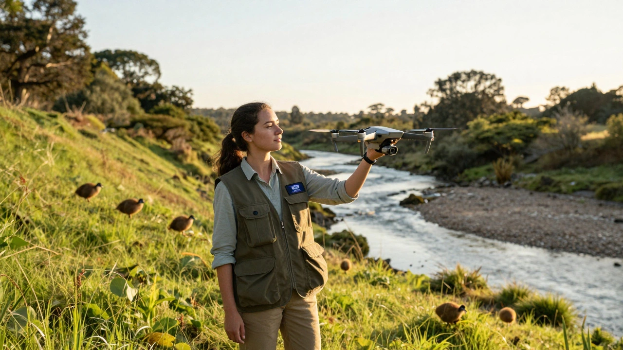 Young planner using a drone to monitor native kiwi birds in a restored natural landscape