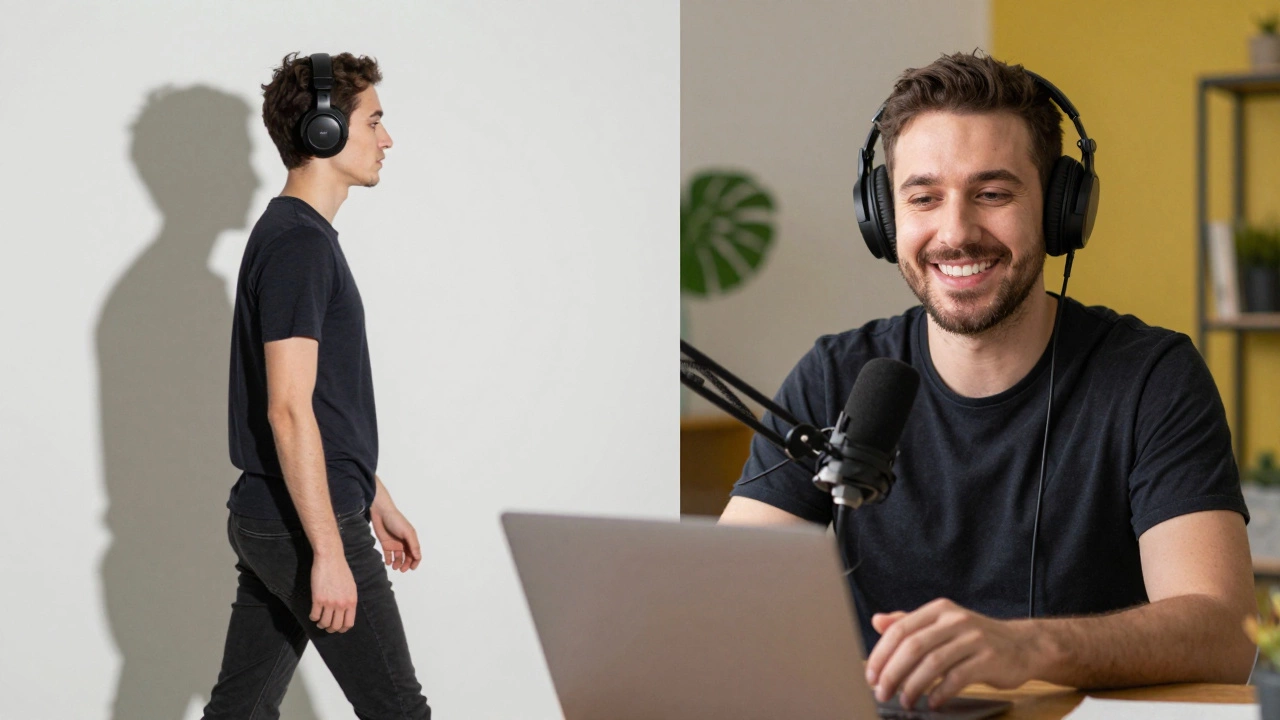 A person practicing shadowing with headphones, then confidently chatting online with a native speaker.