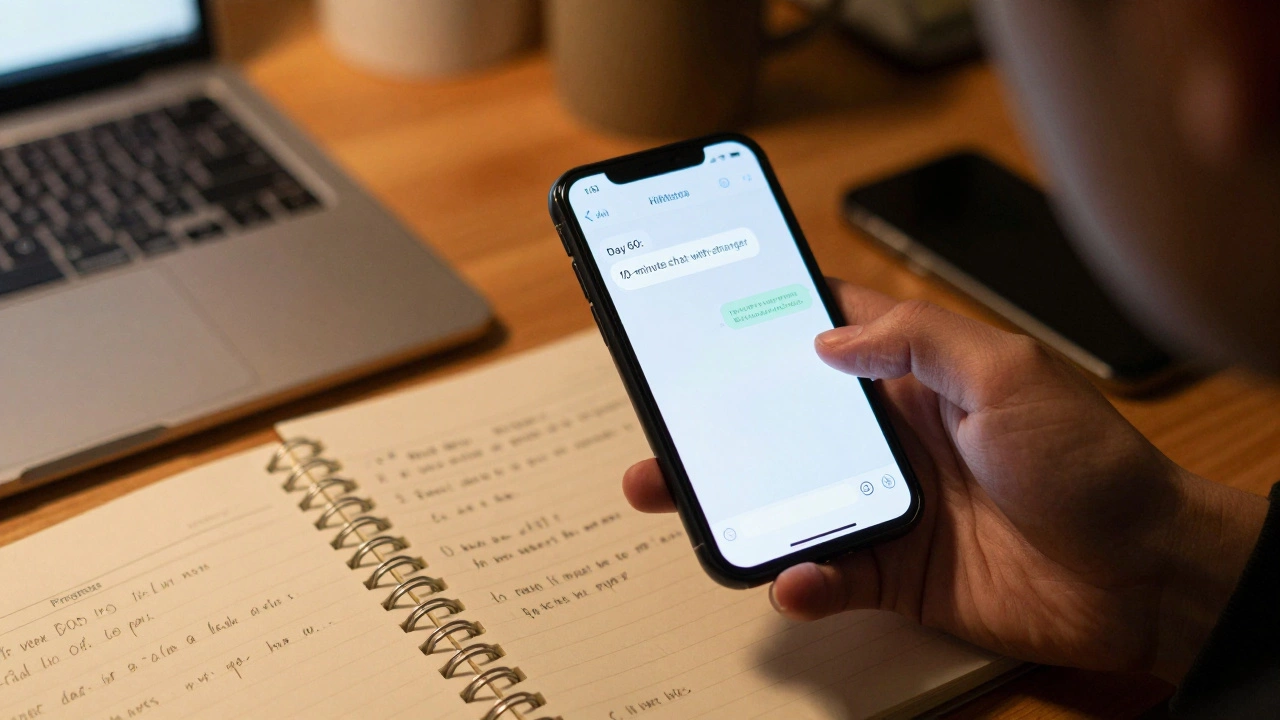 A smartphone showing a voice message reply on HiNative, with a progress log visible in the background.