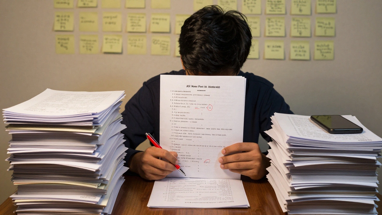 A student solving past JEE Mains papers at night, surrounded by stacked question papers and formula sticky notes.