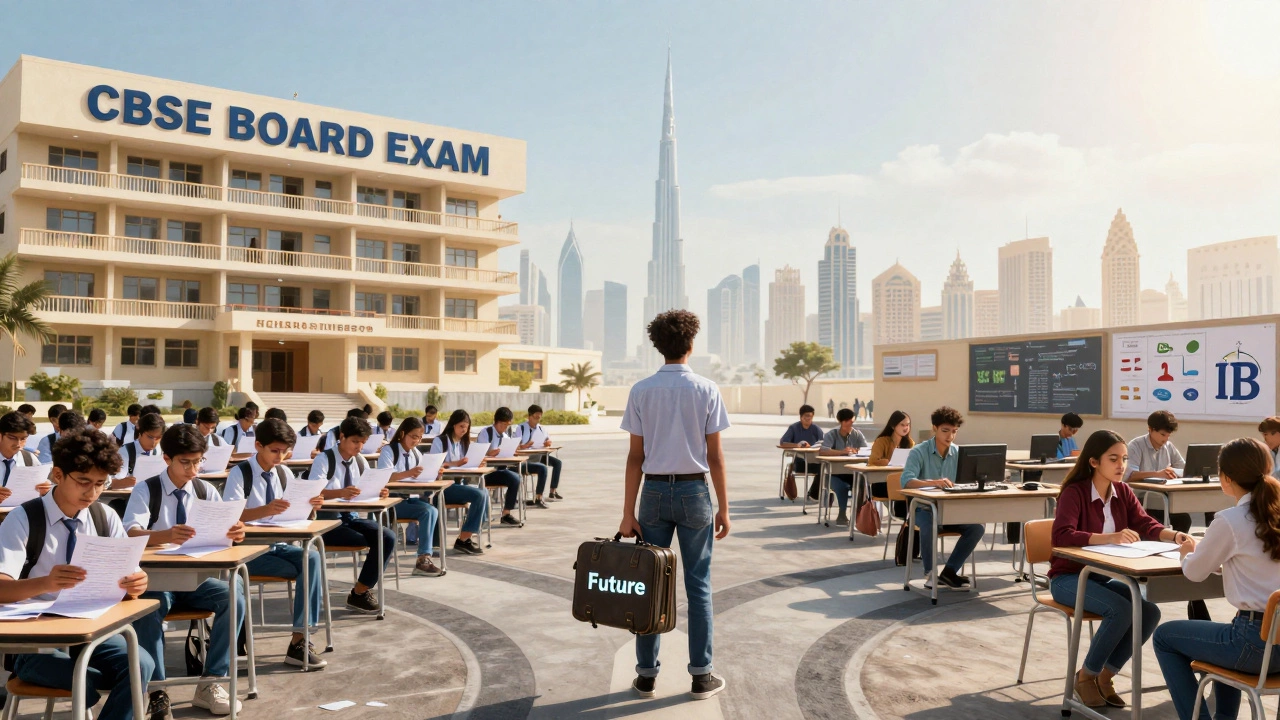 A student stands at a crossroads between a traditional exam hall and an innovative international classroom, contemplating their future.