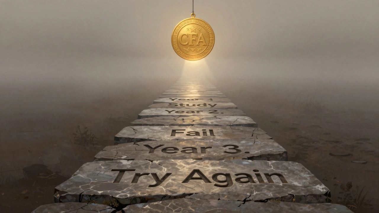 A symbolic path with years marked as steps, leading to a glowing CFA charter in the distance.