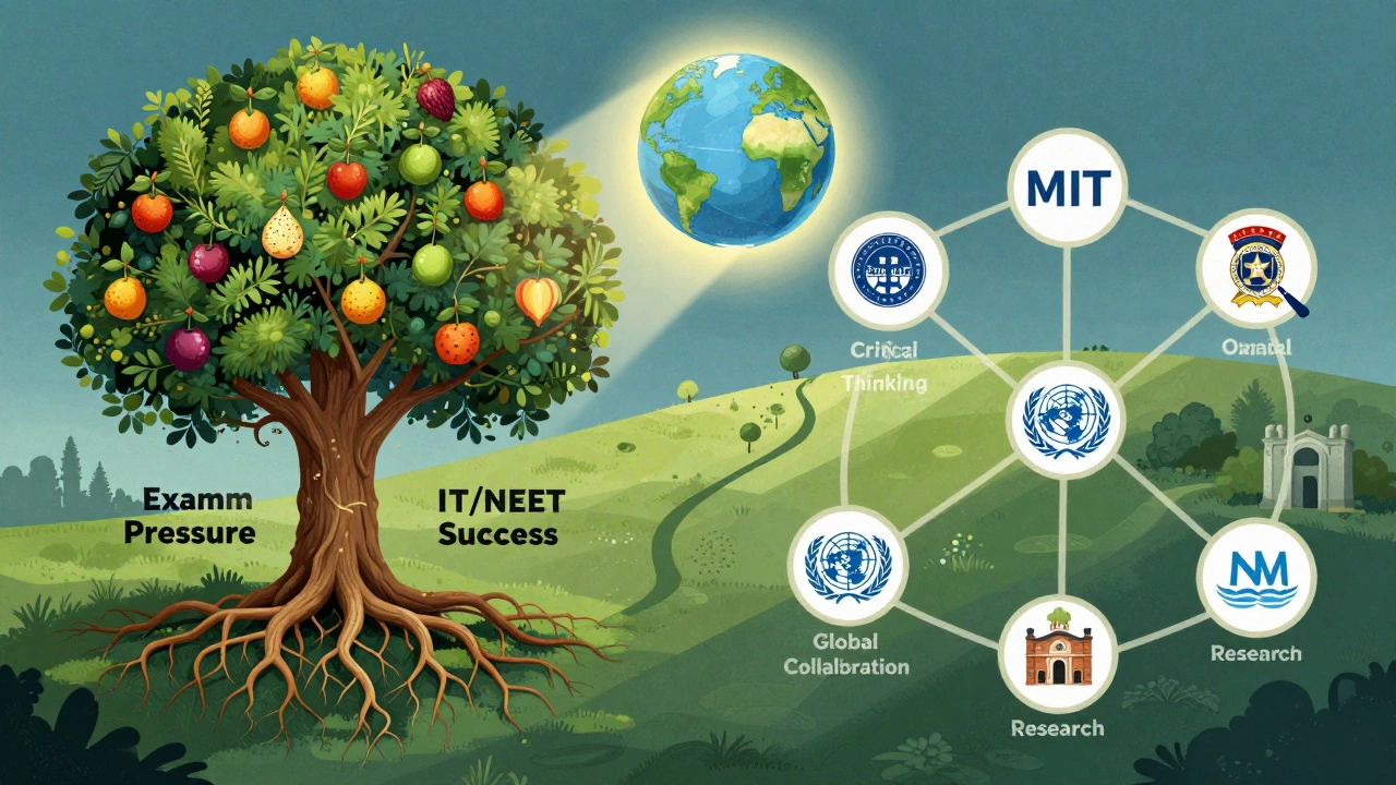A symbolic tree with exam-focused roots on one side and global learning pathways on the other, representing different education systems.