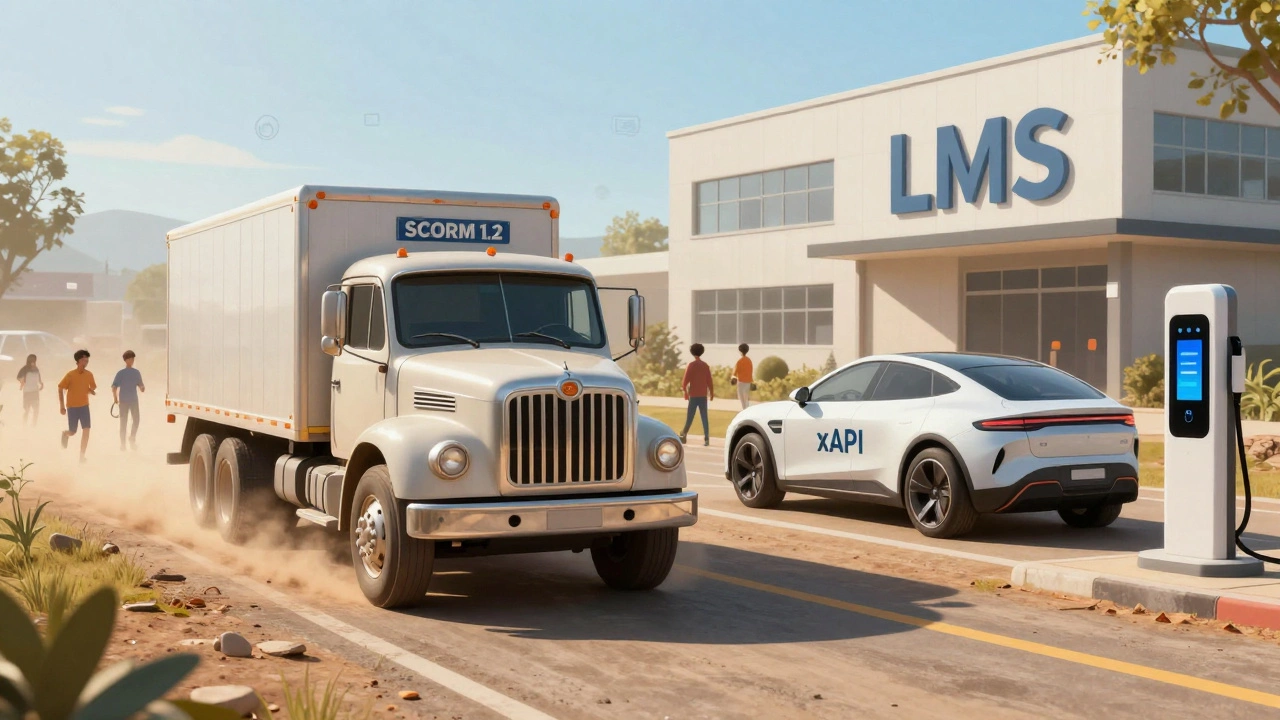 An old truck labeled SCORM driving past a futuristic xAPI SUV, both heading toward an LMS building.