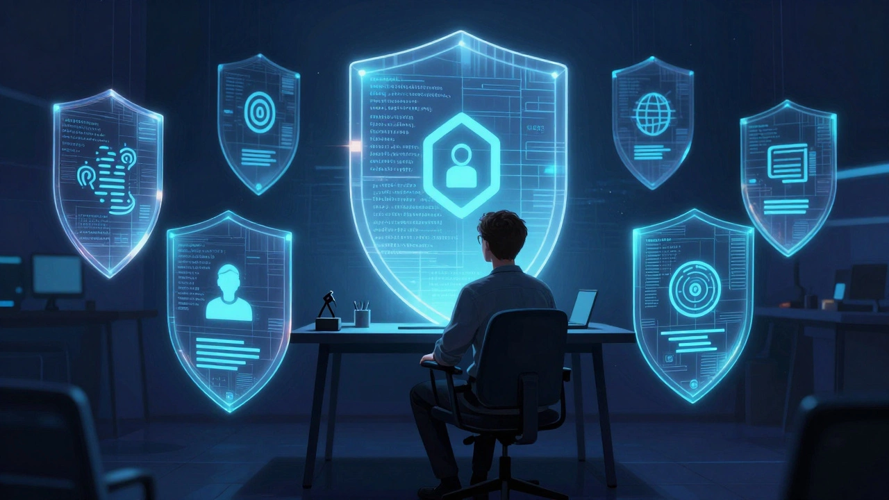 Developer surrounded by protective holographic shields in a dark room.