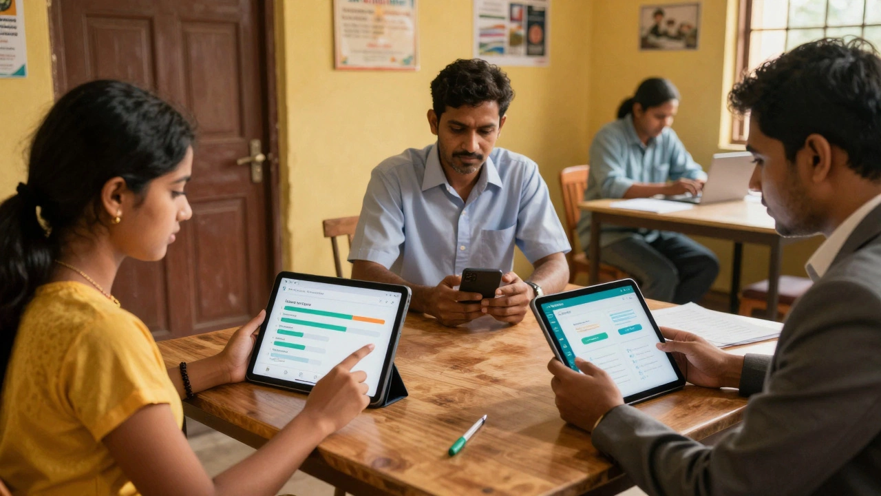 Diverse learners using mobile devices to access online courses in real-world settings.