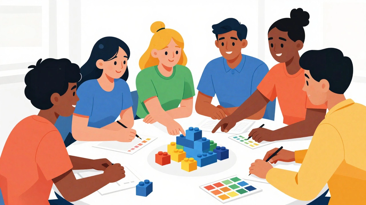 Diverse students collaborating on physical project model.