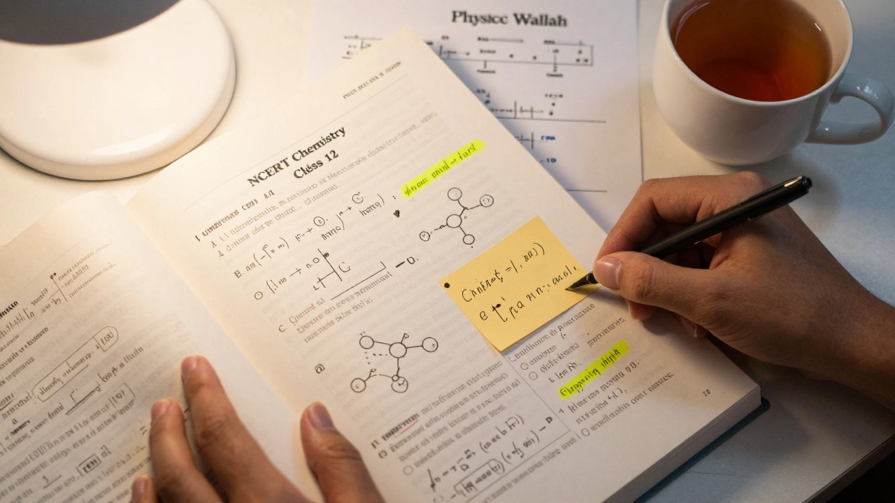 Hands annotating NCERT Chemistry with highlighted reactions and formula sheets nearby, under warm lamplight.
