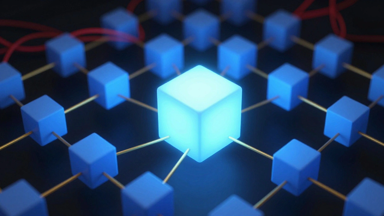 Organized digital cubes connected by lines with messy wires fading behind.