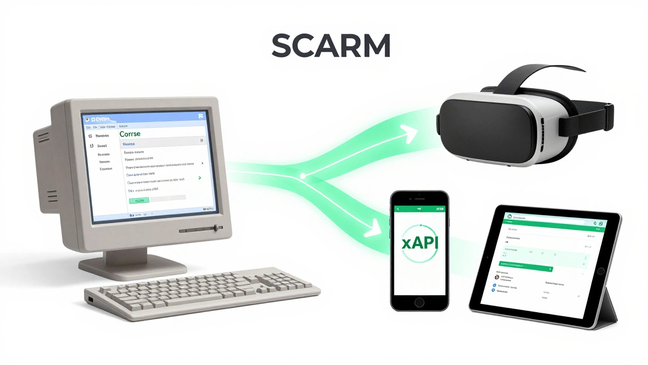 SCORM as a translator between old and new learning technologies, with devices and data flows connecting them.