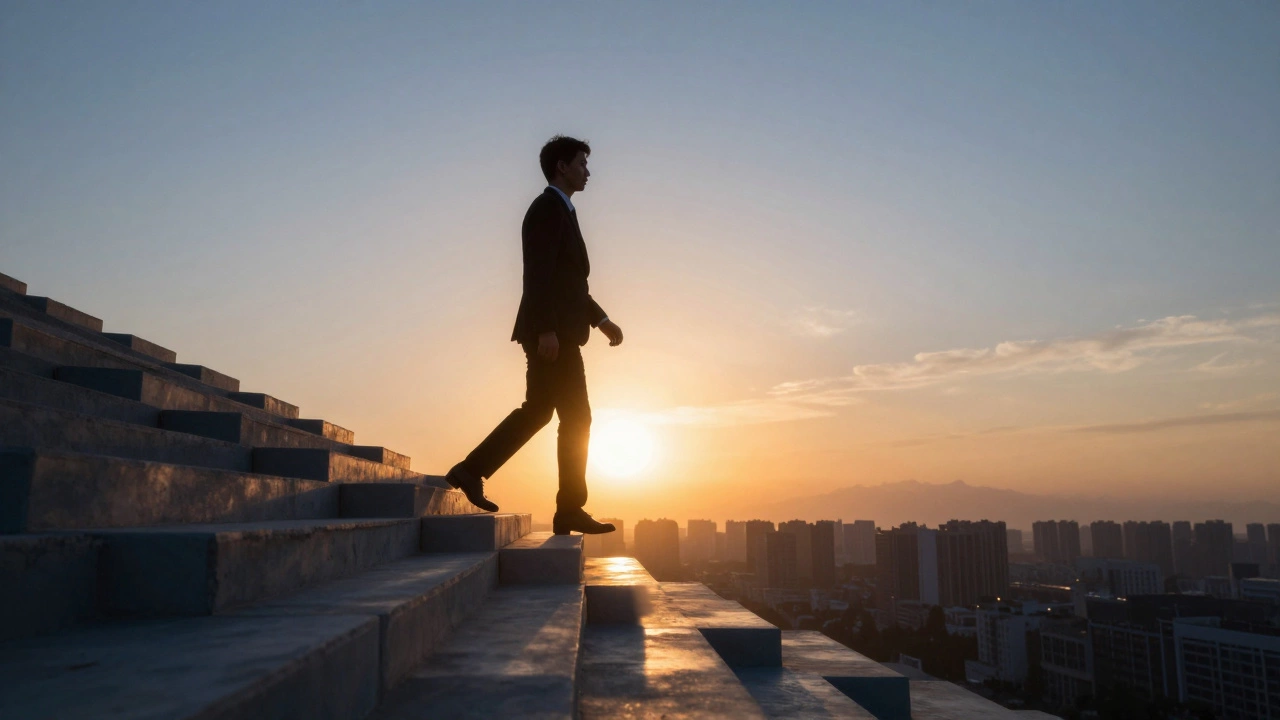 Silhouette of professional ascending light staircase at sunset.