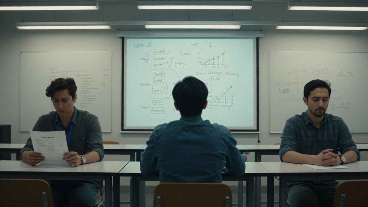 Three candidates in separate exam settings, each at a different CFA level, showing stress and focus.