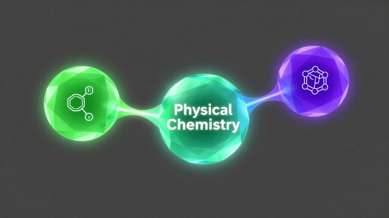 3D illustration of interconnected spheres representing Physical, Organic, and Inorganic Chemistry.