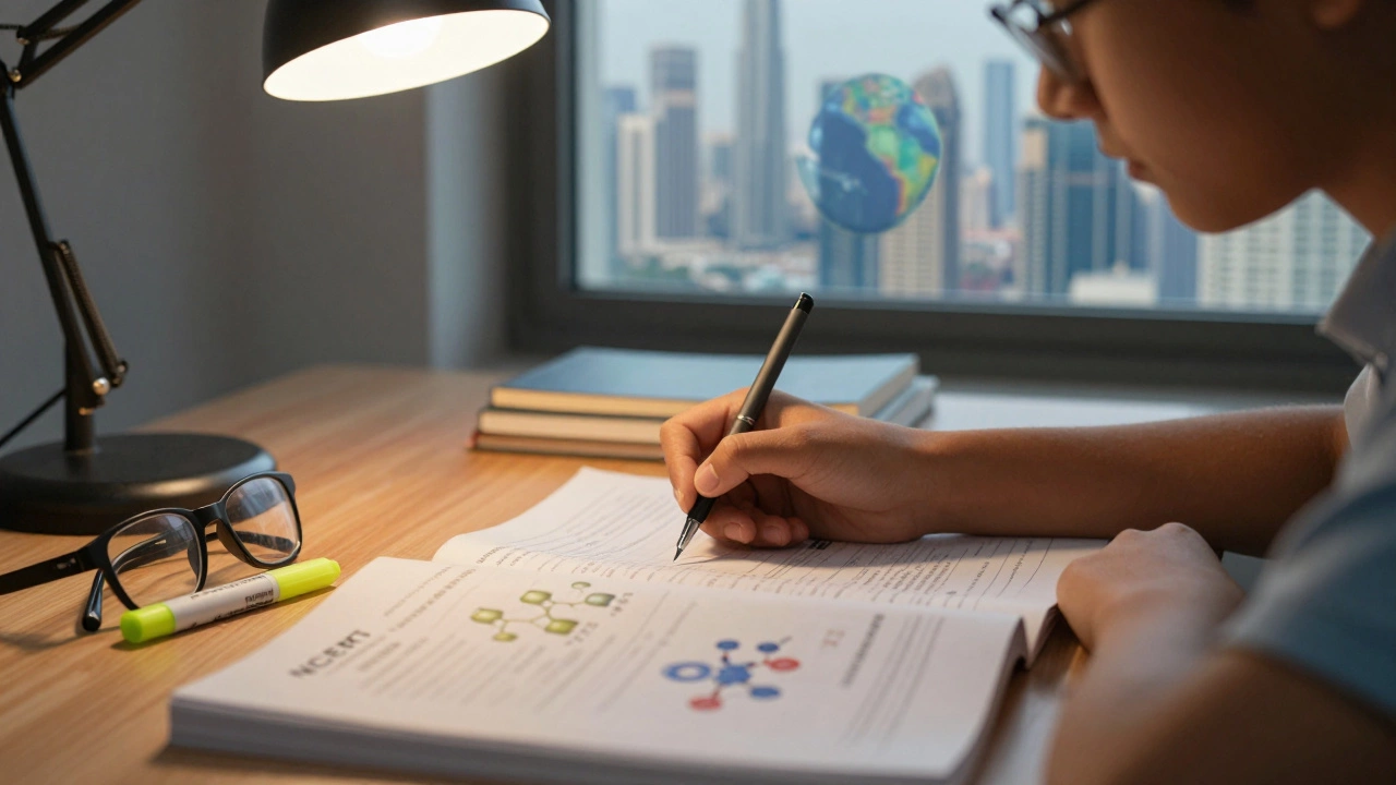 A close-up of a student's desk with an NCERT textbook and a global city skyline in the background.