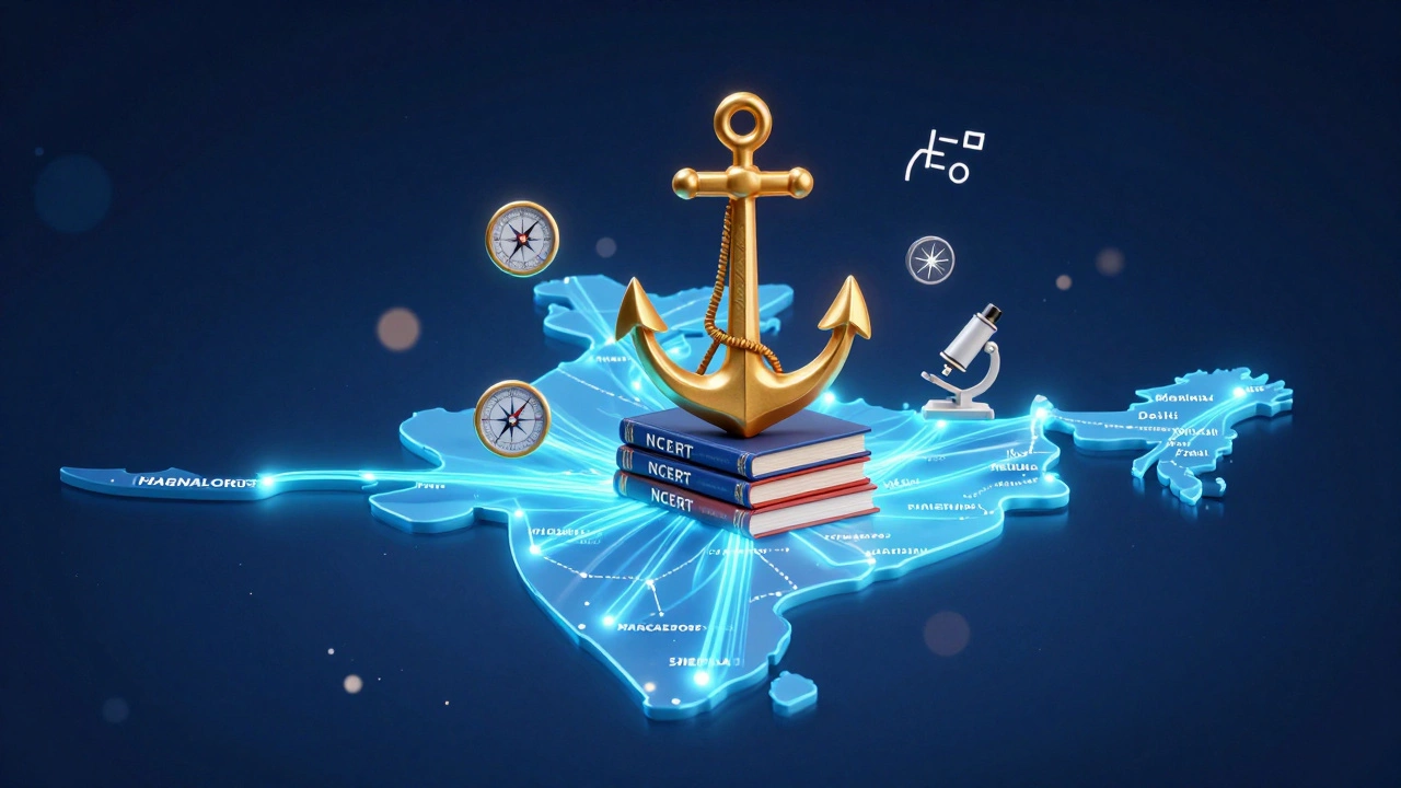 A conceptual map of India with NCERT textbooks symbolizing a national education standard.