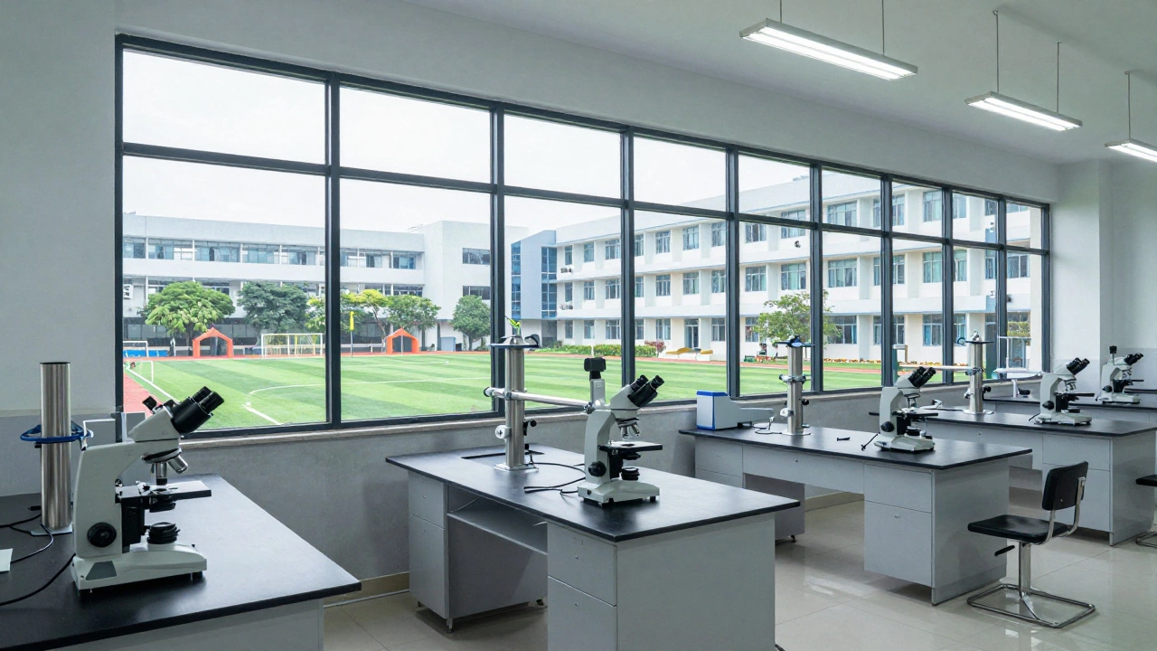 A modern, well-equipped school science laboratory in an Indian urban hub.