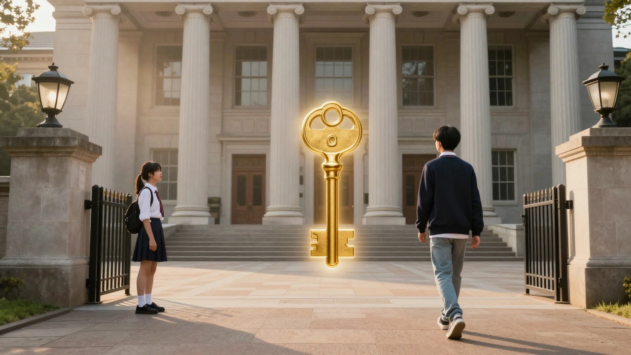A student transitioning from a high school environment to a university campus.