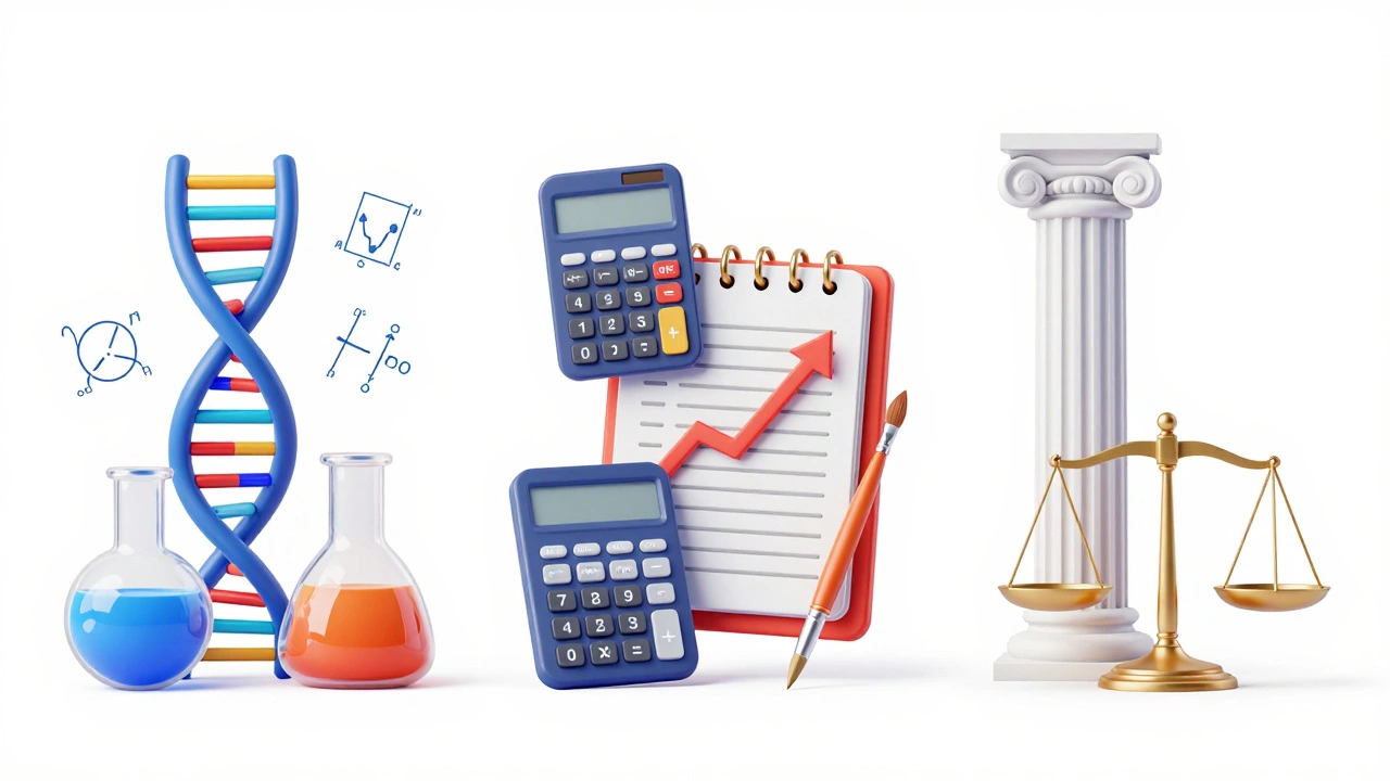 Conceptual illustration of Science, Commerce, and Arts academic streams in India.