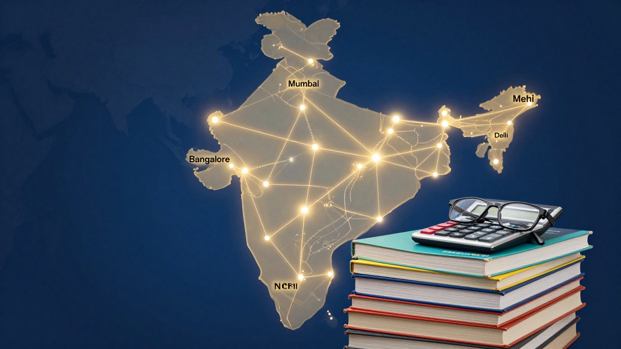 NCERT textbooks and study tools over a stylized map of India showing city connections.