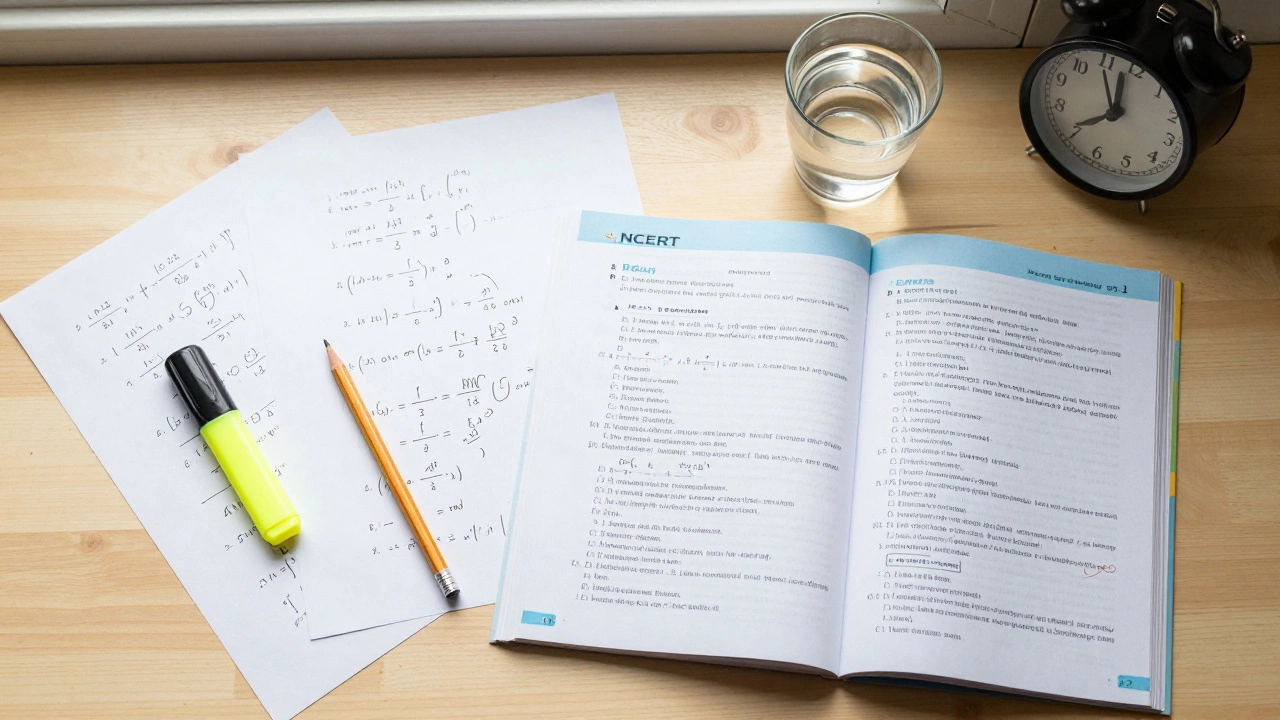 Top-down view of a student's study desk with formula sheets and an open NCERT chemistry textbook.