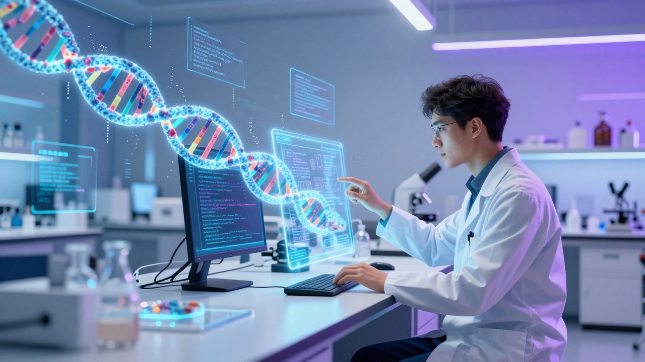 Bioinformatics scientist analyzing DNA data with code and holograms