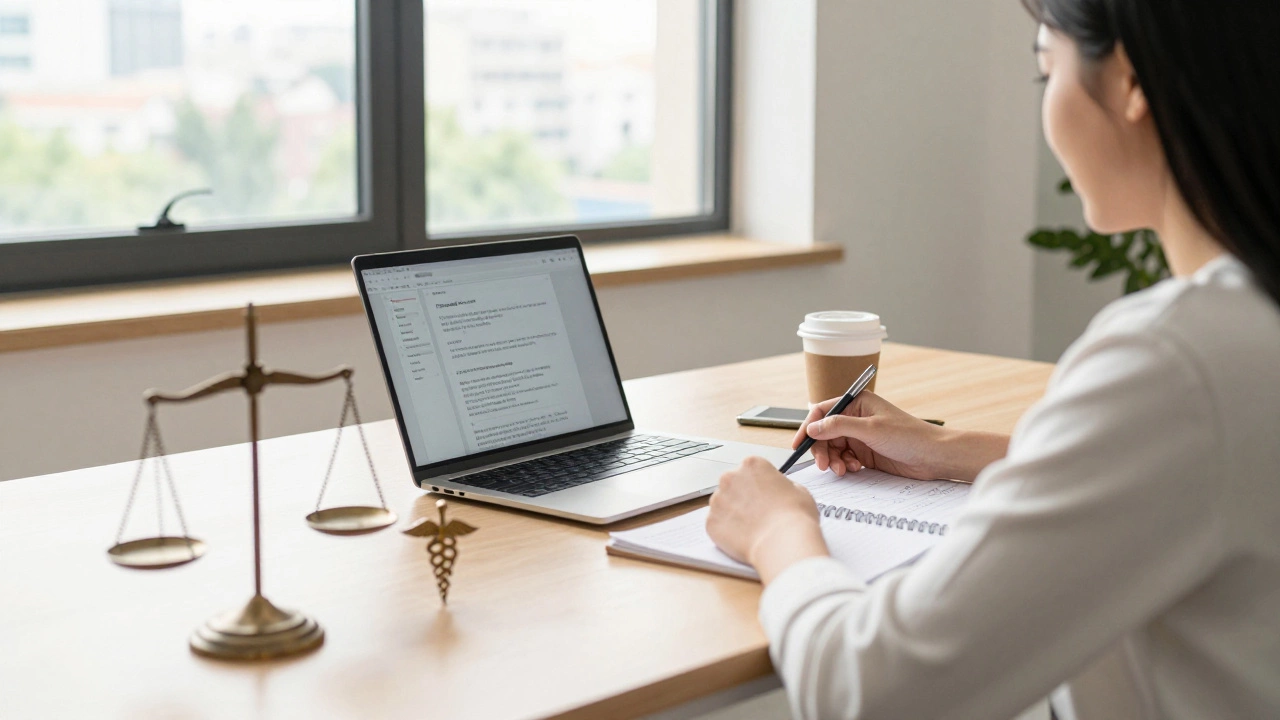 Determined student studying with scales of justice and medical symbol on desk.