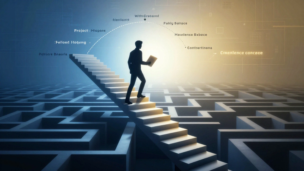 Developer climbing stairs from confusion to success with a glowing portfolio