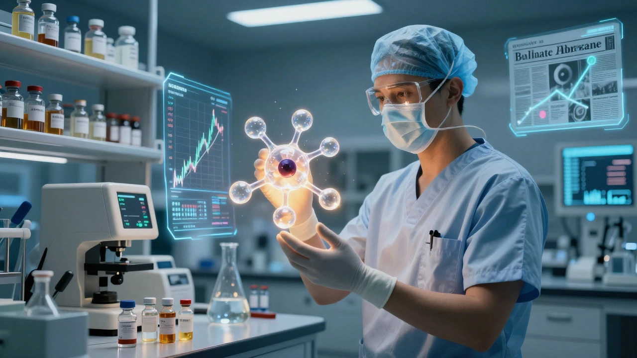 Doctor holding glowing drug molecule with wealth symbols