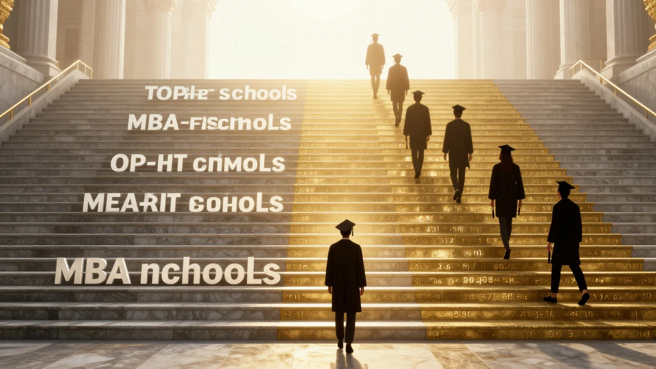 Golden staircase symbolizing top MBA schools and higher salary potential