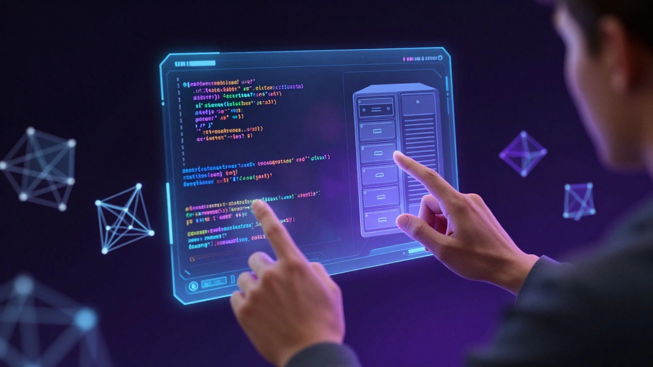 Hands interacting with holographic code and server configs in a dark room
