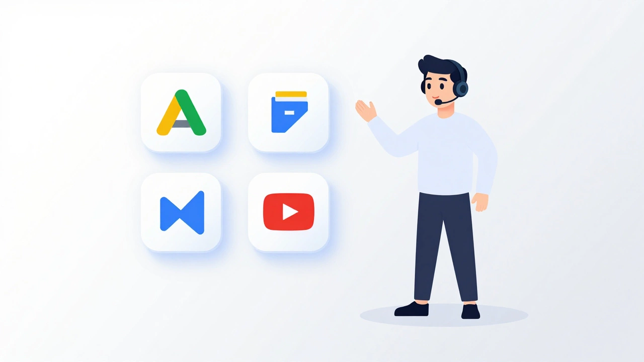 Illustration of a marketer with floating Google Ads and Analytics icons