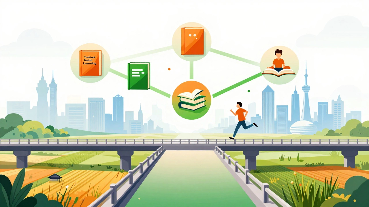 Illustration of NEP 2020 bridging traditional education with modern critical thinking skills.