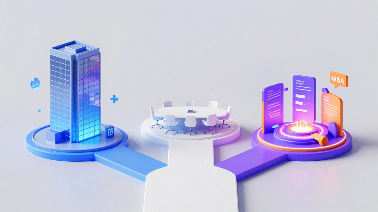 Illustration of three career paths: finance, consulting, and tech product management