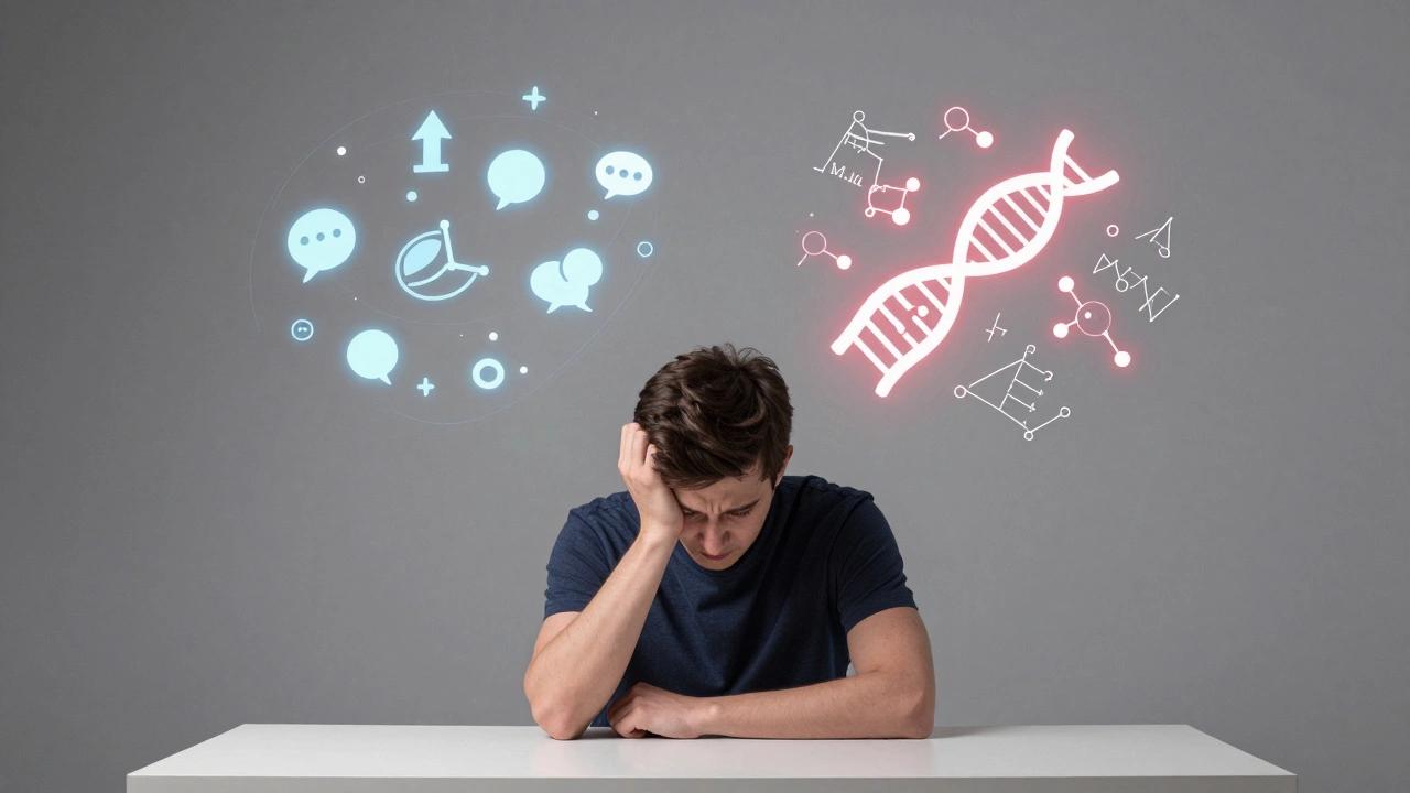 Student overwhelmed by floating logical symbols and scientific diagrams above desk.