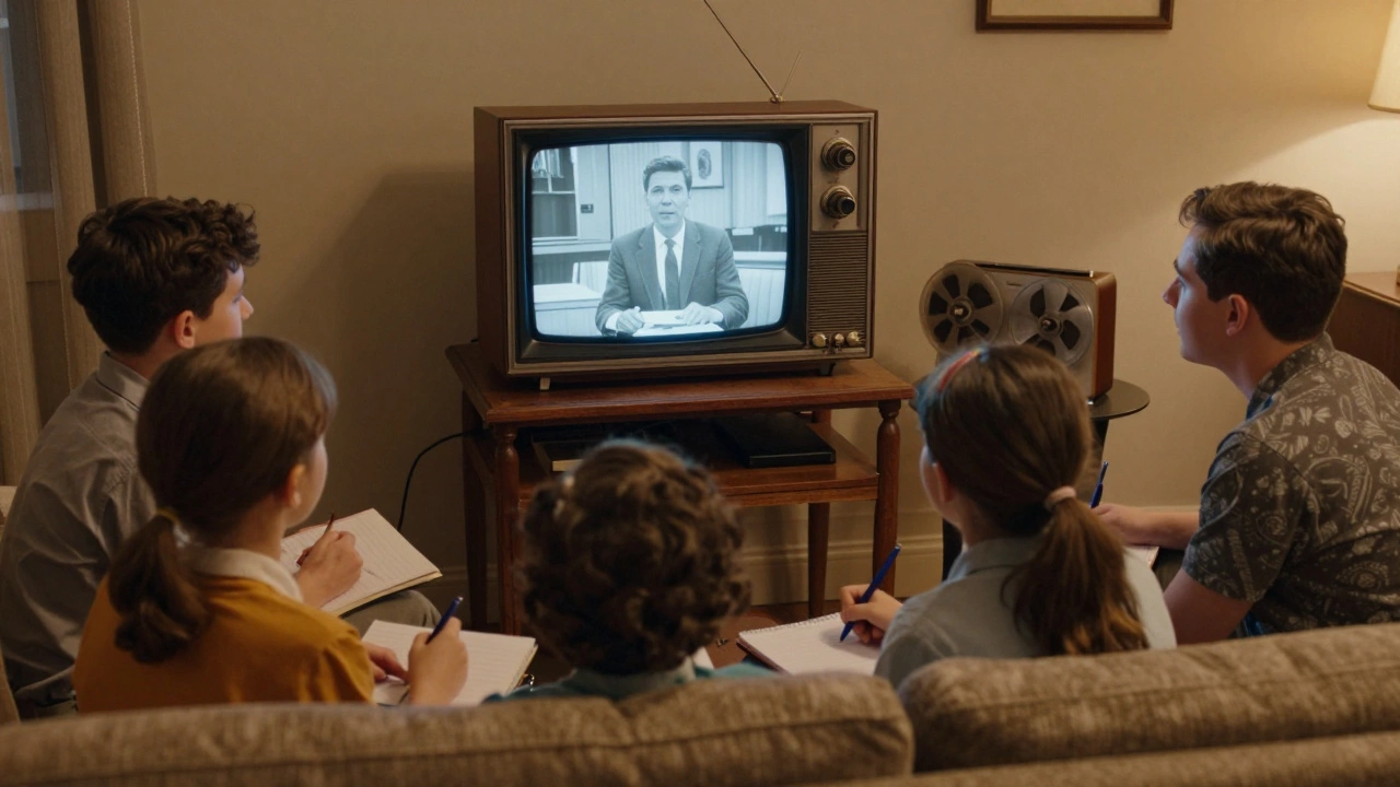 1960s family watching educational TV broadcast in a retro living room setting