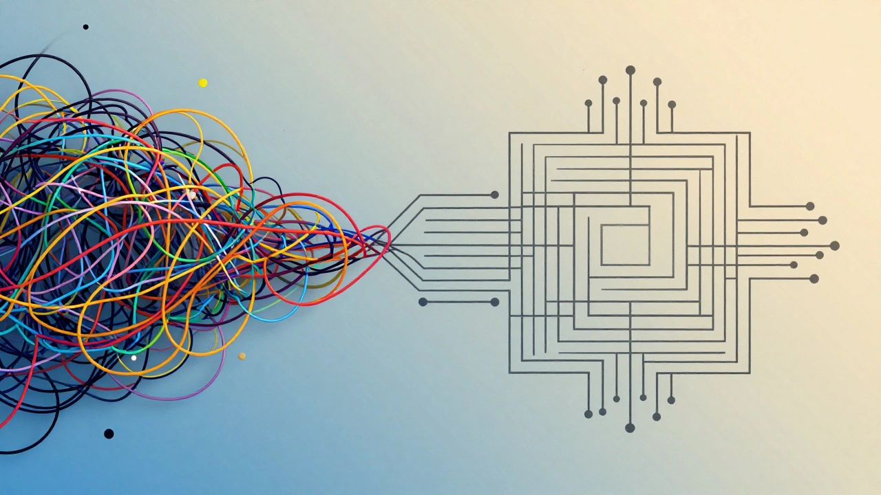 Abstract art showing chaotic threads transforming into an organized digital grid