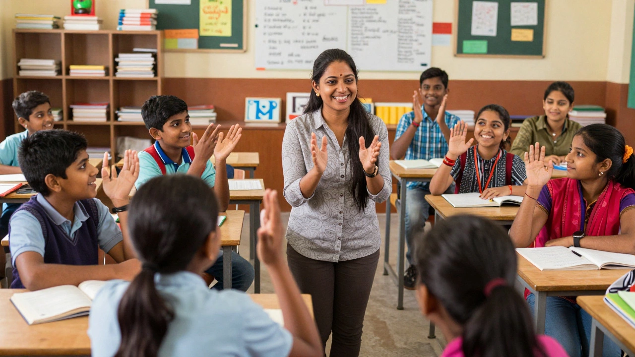 Bilingual teacher engaging diverse students in multilingual lesson