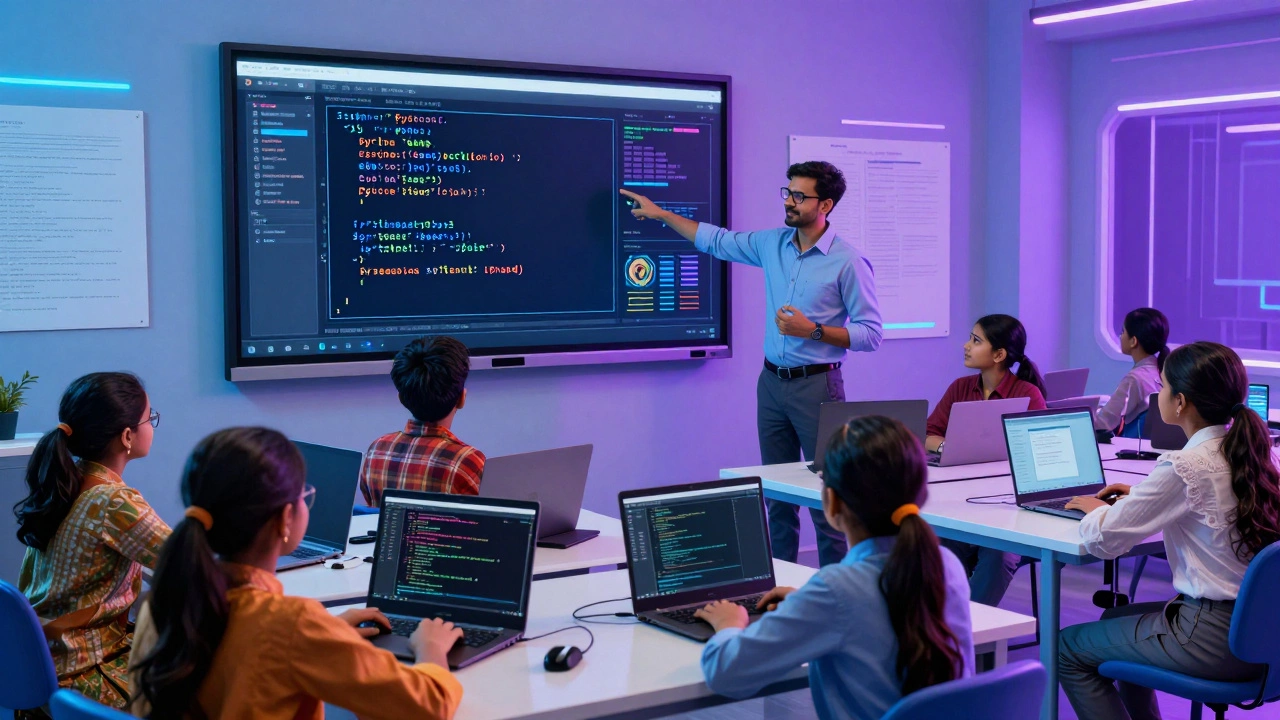 Computer science teacher leading coding class with students on laptops
