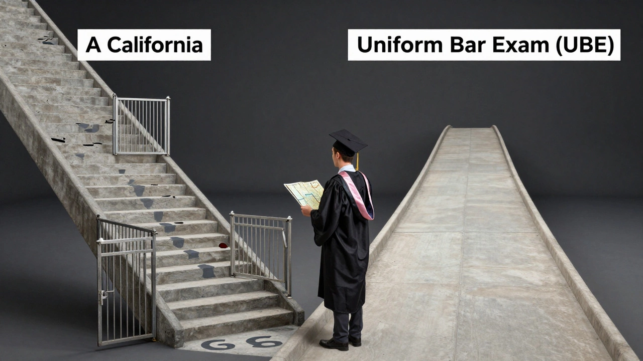 Conceptual art showing choices between UBE and state-specific bar exams