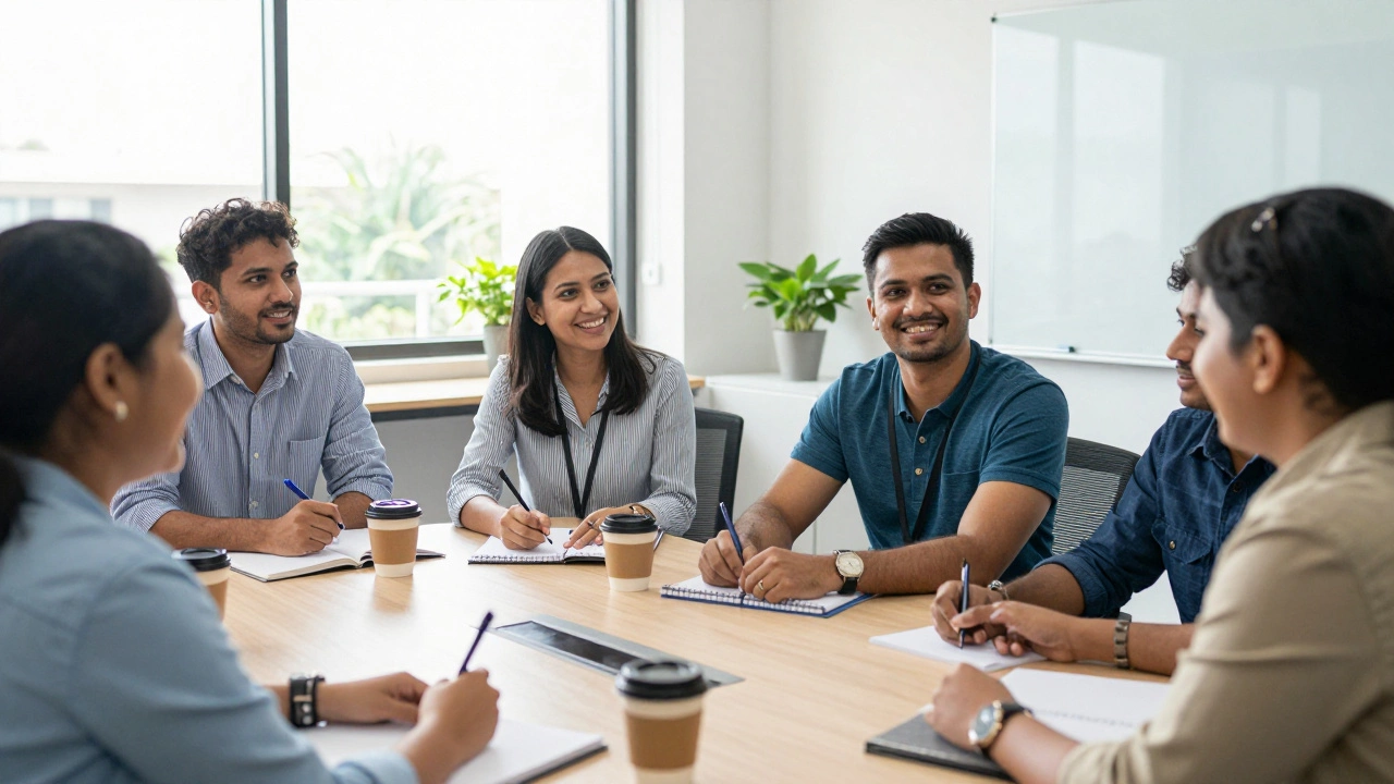 Diverse group of professionals collaborating in a bright, modern business seminar room