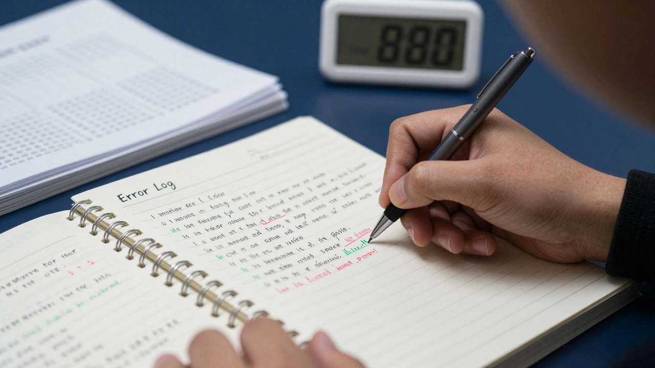 Hand writing in an error log notebook for exam prep