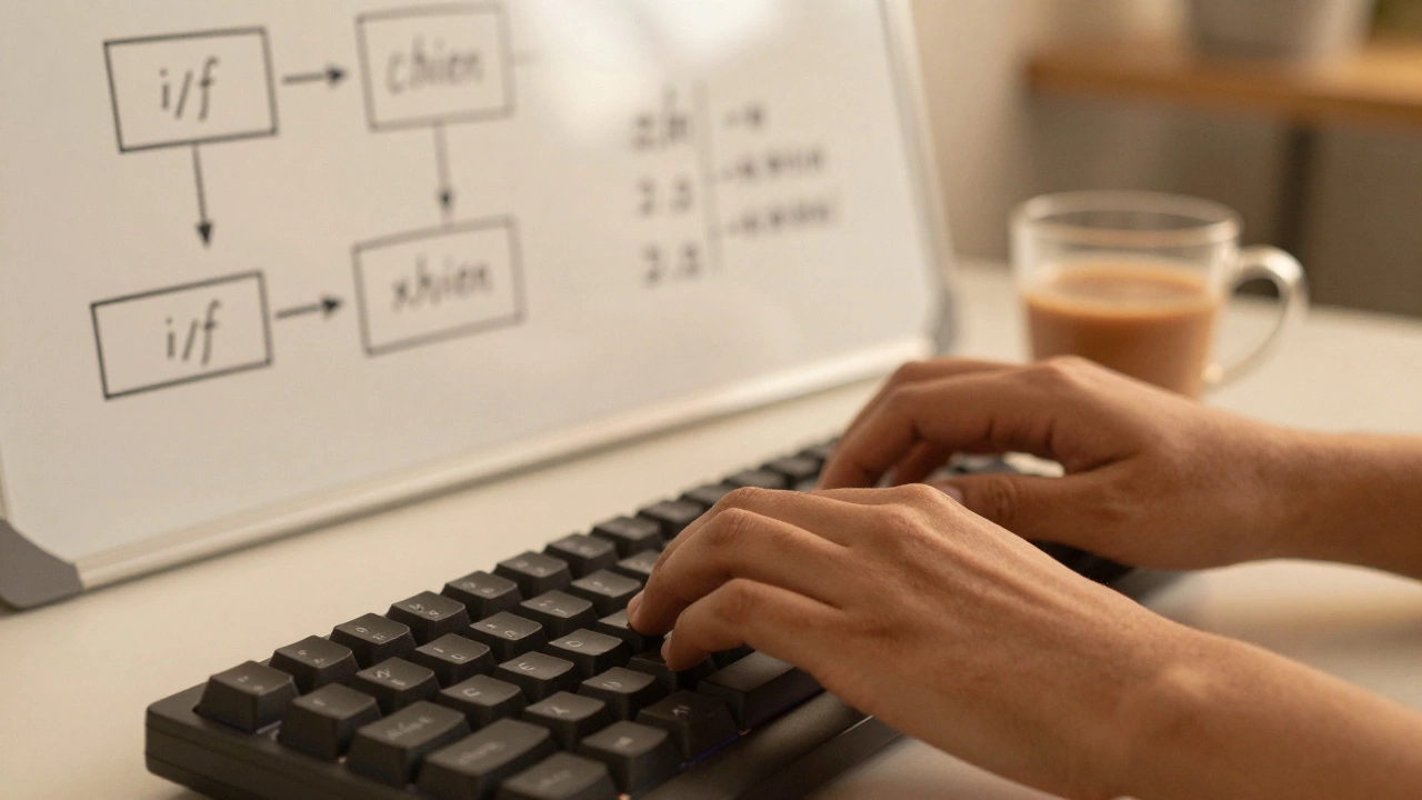 Hands typing code with logical diagrams in background