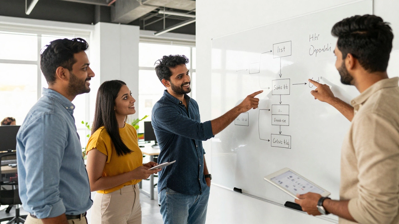 Happy team of programmers collaborating around a whiteboard in a bright office