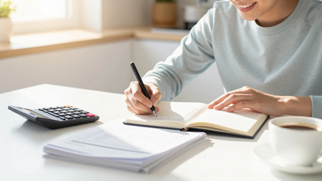 Person happily organizing budget and finances at sunny table