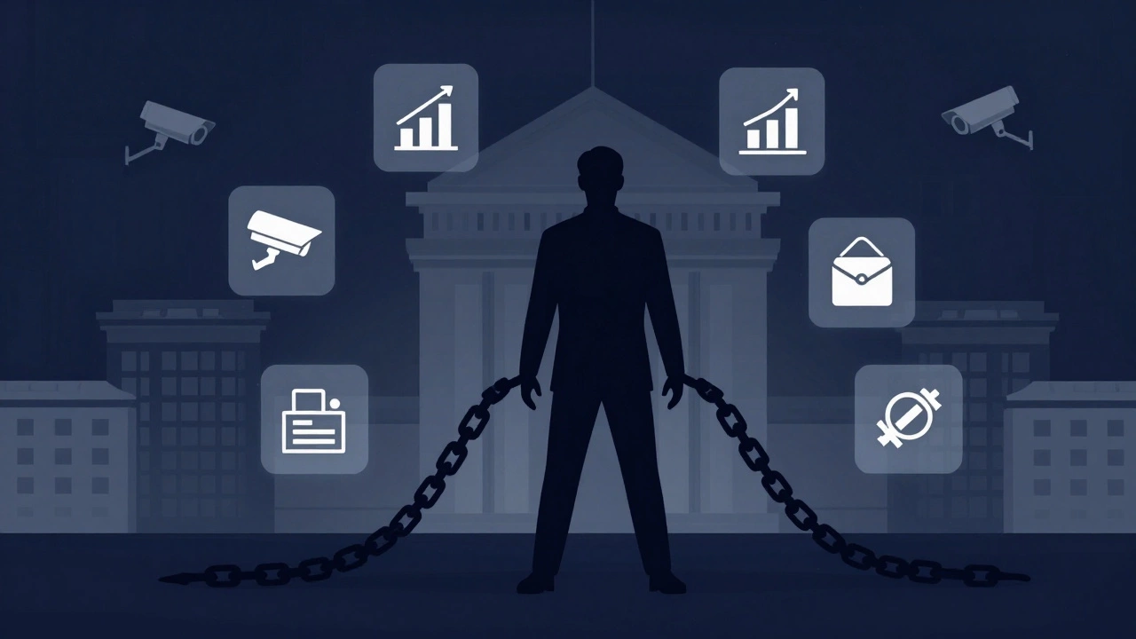 Silhouette of worker surrounded by debt shadows and security icons